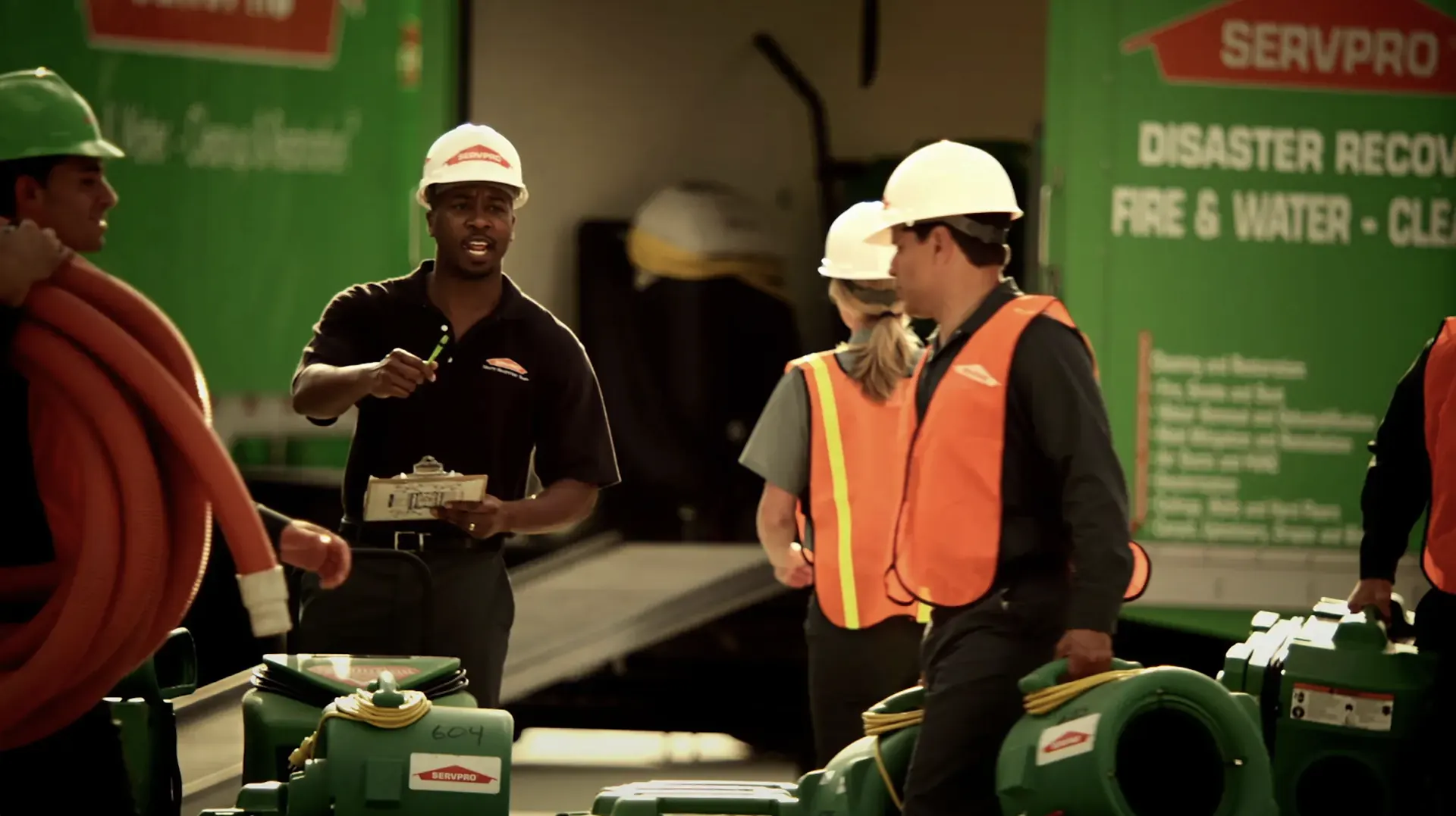 A SERVPRO restoration crew loading hose and air movers from branded recovery trucks